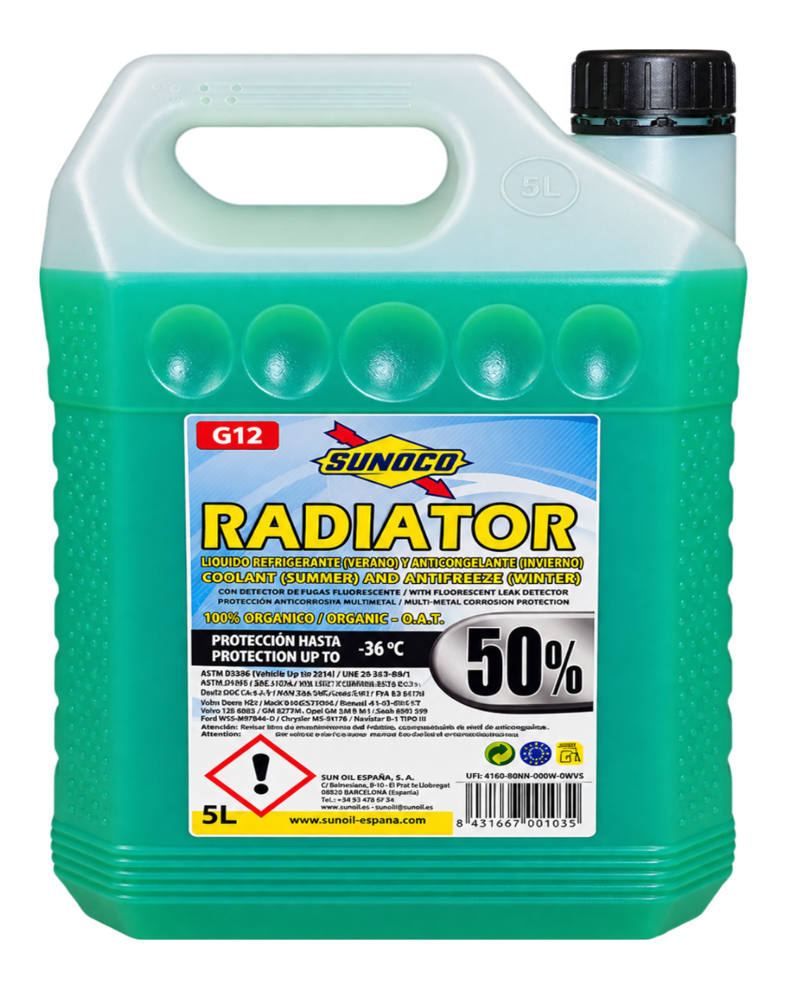 SUNOCO RADIATOR COOLANT G12 50% – Færdigblandet kølervæske -36 °C – 5 liter