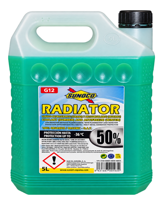 SUNOCO RADIATOR COOLANT G12 50% – Færdigblandet kølervæske -36 °C – 5 liter